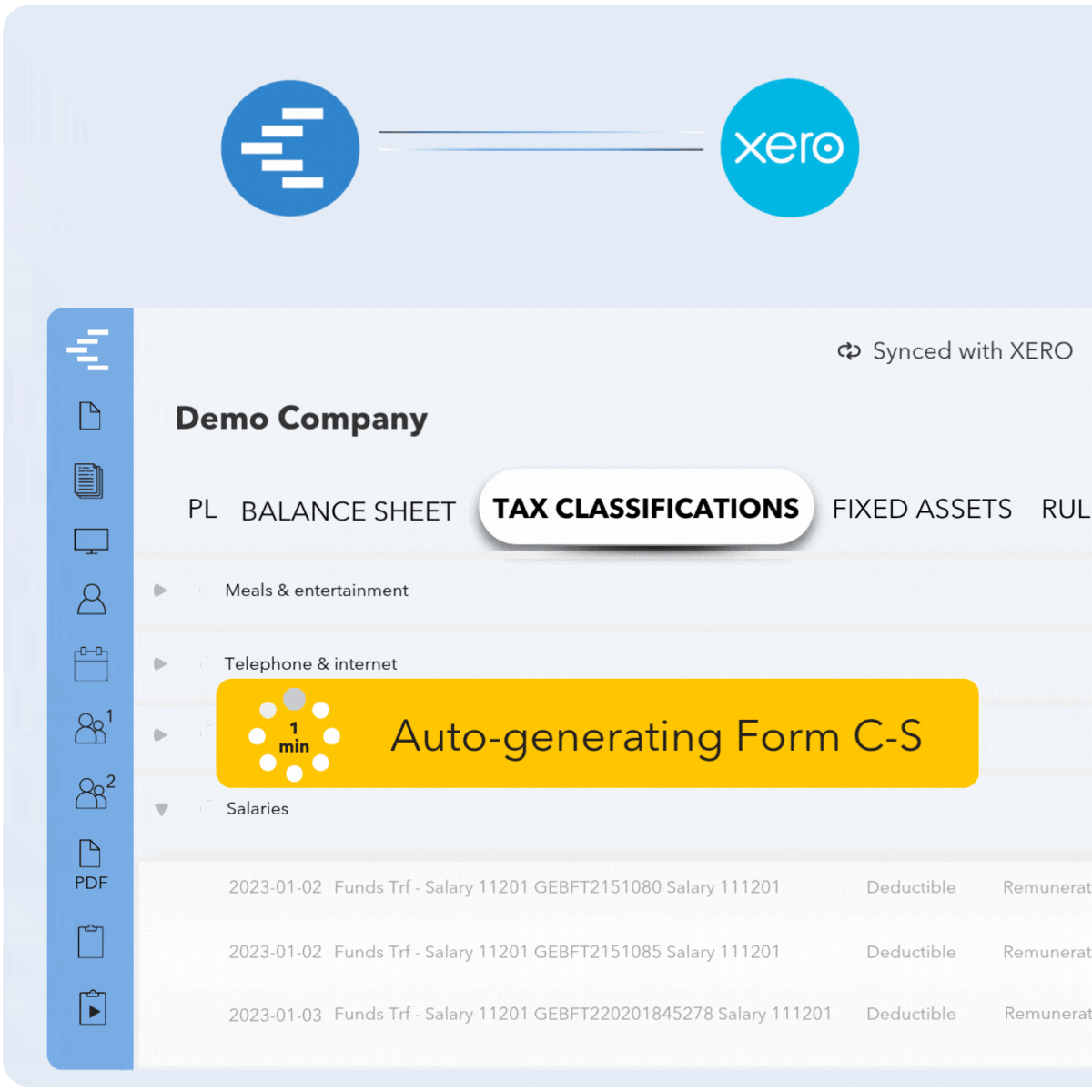 A screenshot of Copi’s platform synced with Xero, showing a demo company's financial dashboard. Tabs like "PL," "Balance Sheet," and "Tax Classifications" are visible. A yellow banner highlights “Auto-generating Form C-S in 1 min,” illustrating Copi’s ability to automate Form C-S tax filing.